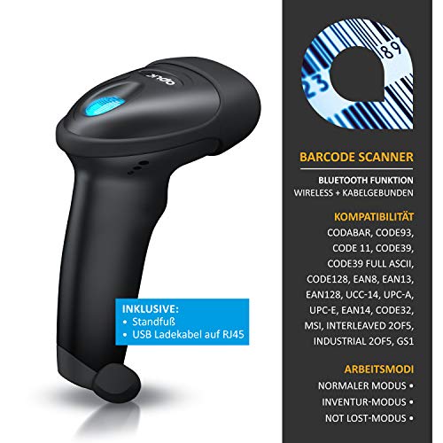 CSL - Wireless Barcode Scanner Bluetooth 2.4 GHz, 2D 1D, großer Akku 2000mAh, 10 Stunden Dauerbetrieb, kompatibel Windows, MacOS, Linux, Android, iOS, Schwarz