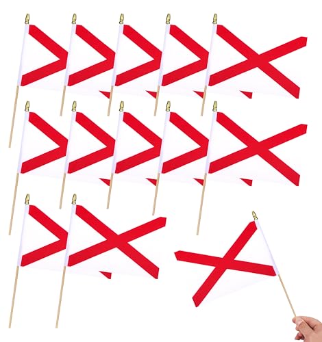 HSQCEZ 12Pcs Small American US Alabama Flags on Wooden Stick Mini USA Alabama State Flag Hand Held Flag Decorations,5x8 Inch