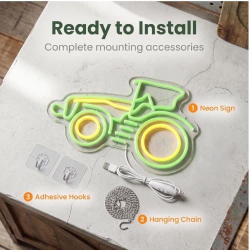Image of Green Tractor Neon Sign Farm LED Light for Man Cave,Dimmable Tractor Wall Decor for Garage, USB Powered Wall Decor Farmhouse LED Sign for Bar Farm Themed Store