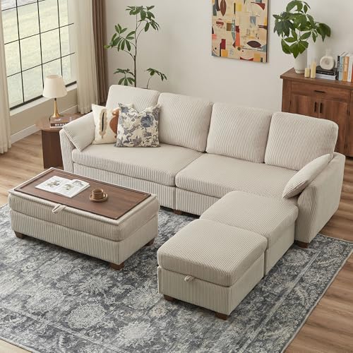 Image of Convertible Sectional Sofa with Storage Ottomans & Coffee Table, Modern Corduroy, U-Shaped Couch with Double Chaise & Storage Long Bench, 4 Seater Sofa Set Couches for Living Room, Beige
