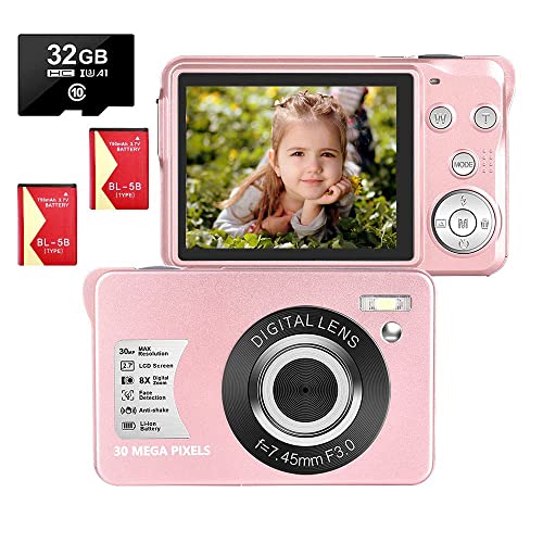 Digitalkamera 2,7 Zoll 1080P 30 Megapixel HD Fotoapparat Digitalkamera Wiederaufladbare Fotokamera mit 8-Fach Zoom-Kompaktkamera Mit 32 GB SD-Karte und 2 Batterien (Rosa) Cover