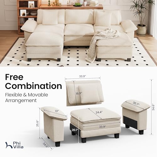 Image of PHI VILLA Cloud Modular Couch Sets, 123.6 inch Oversized Sectional Sofa with U-Shaped Chaise, 5-Seater Couches with 2 Movable Ottomans for Living Room, Corduroy Beige
