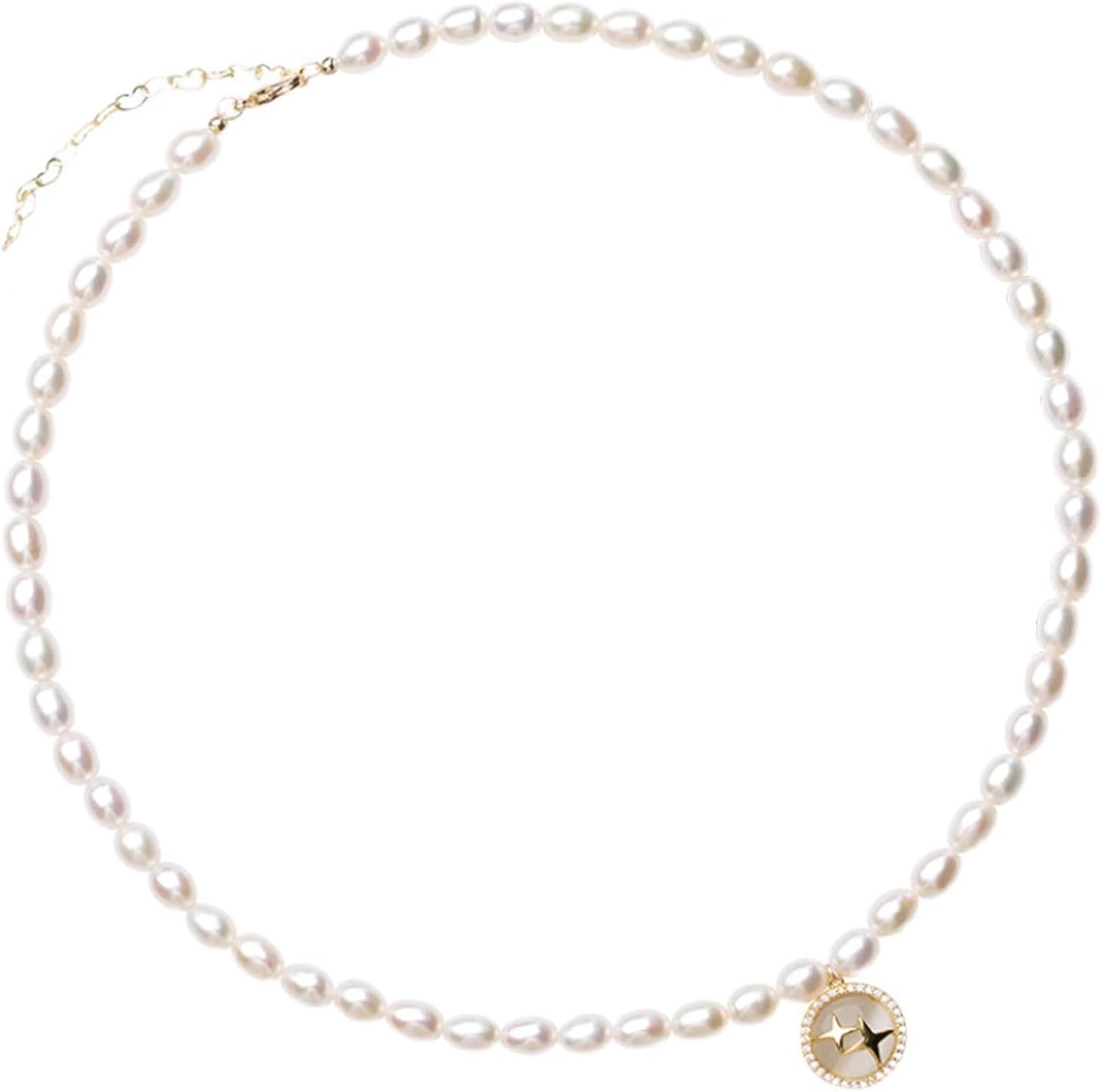 W WEILIRIAN Boho Moonstone Pendant Necklace Gold Northstar Necklace Chain Pearl Choker Necklace Crystal Circle Necklace Vintage Pearl Beaded Necklace Jewelry for Women and Girls Gifts - Image 8