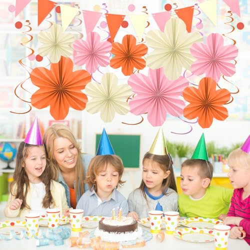 Image of Pink and Orange Party Decorations Birthday Graduation Decor Supplies | Hanging Paper Flowers Tassel Garland Swirls for Autumn Sunset Soiree Party Bachelorette Baby Shower Classroom Decor