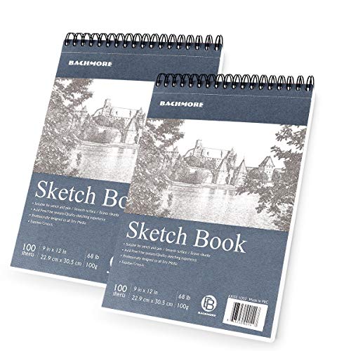 Bachmore Sketchpad 9X12 Inch (68lb/100g), 200 Sheets of Top Spiral Bound Sketch Book for Artist Pro & Amateurs | Marker Art, Colored Pencil, Charcoal for Sketching (2 Packs) (Navy Blue)