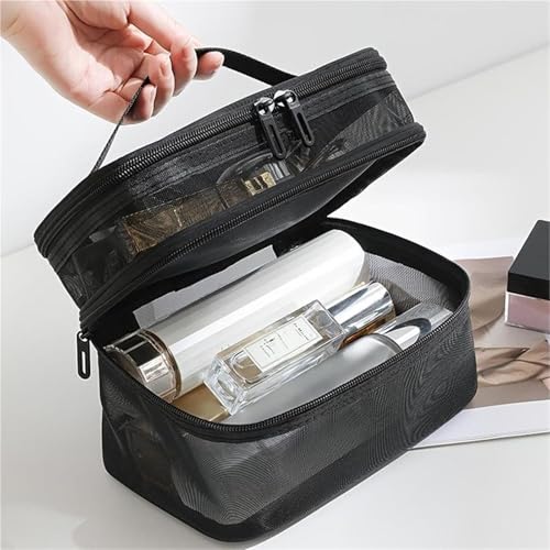 Pochette cosmétique double couche grise avec poignée pour rangement nomade - 4