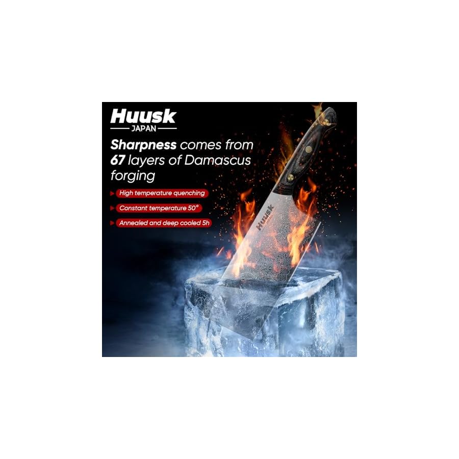 Huusk Damascus Cleaver Knife 7 inch, VG10 Butcher Knife for Meat Cutting, Kitchen Knife with Wood Handle for Chopper Vegetables Hand Forged Chooping Knife, Birthday Dad Mom Gift