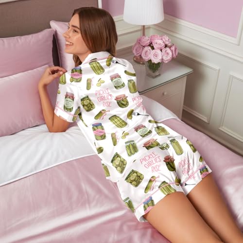 Image of HUNTFAMI Womens Soft Silky Satin Pajamas Set, 2 Pcs Sleep Short Pajamas for Mom and Grandma Button Down Summer Loungewear