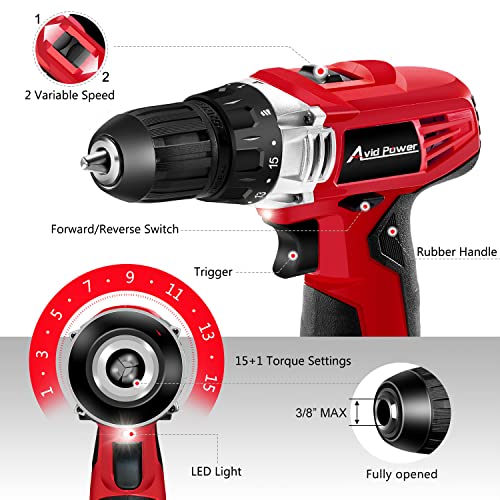 Avid Power 12V Cordless Drill, Power Drill Set With 22Pcs Impact Driver/Drill Bits, 2 Variable Speed, 3/8-Inch Keyless Chuck, 15+1 Torque Setting (Red) #TOP1