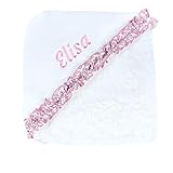 CARREDANA Capa de baño para Bebe 100% Algodon 75x75cm .Toalla de baño con Capucha suabe .Regalo recién Nacido. Multiusos.Personalizado con Nombre Bordado (Personalizado Flores Rosas)
