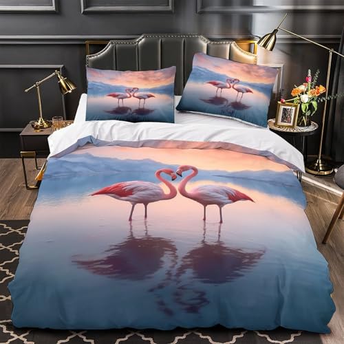 JQKZXNHPDR Flamingo Couple Linge de Lit 3D Effet Microfibre 3 Pièces Éclair Super Douce Nature Romantic Parure de Lit Hypoallergique Résistante for Ado...