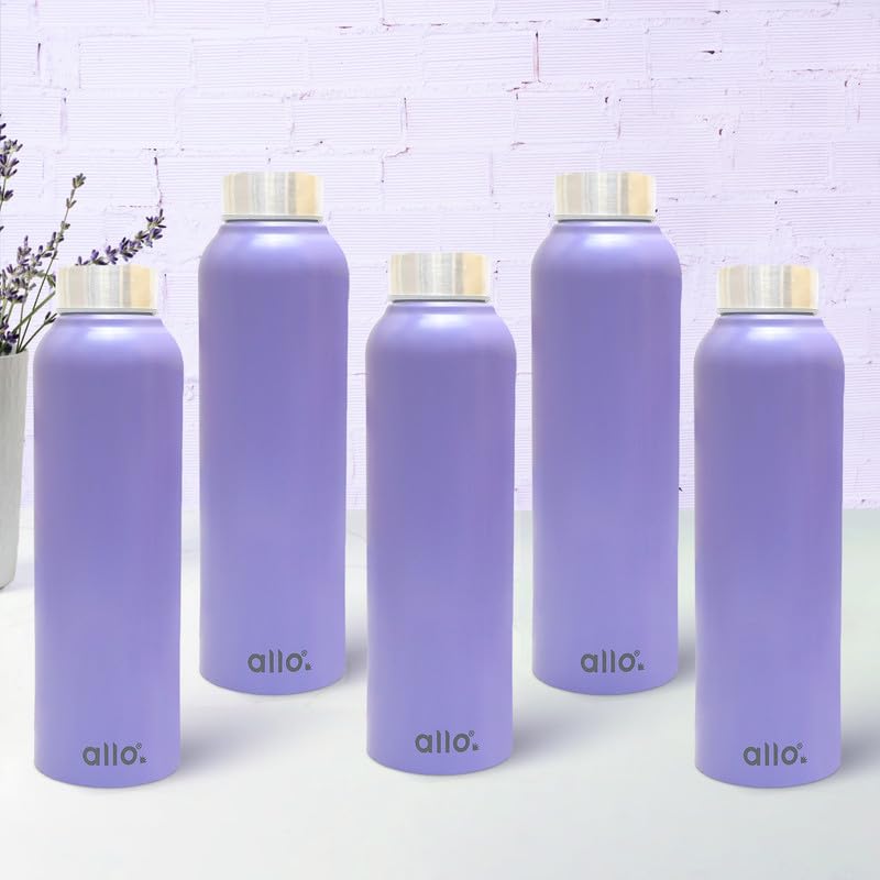 Image of Allo Stainless Steel Water Bottle For Adults, Kids 1 Litre Water Bottles For School, Office, Sports, Gym 1L Water Bottle For Men And Women, Pack Of 5 | Leak Proof & Bpa Free, Lavender Steel Cap