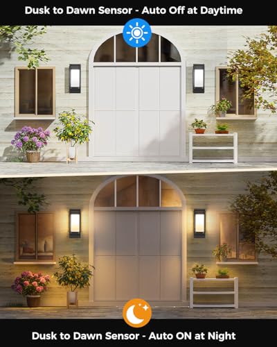 Image of SHIMR Outdoor Wall Light with Dusk to Dawn Sensor, Black Outdoor Light Fixture with LED Bulb Included, E26 Base, Waterproof Exterior Sconce for Porch Garage Front Door