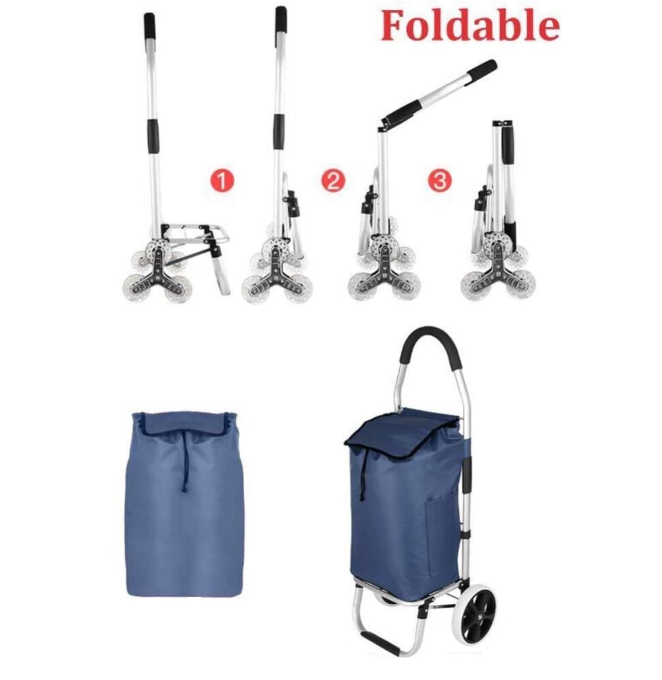 Carrello della spesa pieghevole multifunzionale con ruote, carrello per la spesa blu per la spesa, viaggi e uso all'aperto, leggero e resistente, perfetto per le esigenze di shopping