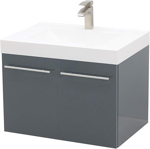 WINDBAY Juego de lavabo flotante para montaje en pared, tocador gris oscuro brillante, encimera de fregadero integrada blanca, 23.25 pulgadas