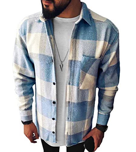 Camisas A Cuadros para Hombre Blusa De Manga Larga Cuadros Clásicos Blusas Camisa De Leñador B Azul Claro L Cover