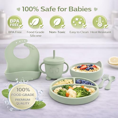 Image of 10 Pcs Silicone Baby Feeding Set for Toddlers 6+ Months | Baby Led Weaning Self Feeding Kit | Suction Plate & Bowl, Bib, Cup, Spoon & Fork, Fruit Feeder, Finger Brush | FDA | Ebook (Green,)