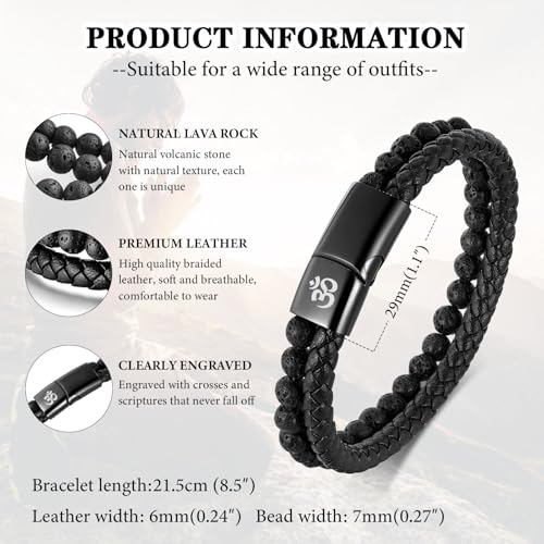 MEALGUET Men's Lava Rock Bracelet Healing Balancing Braided Leather Bracelets with Magnetic Clasp, 2 Layered Symbol Cuff Bracelets, 8.4"3