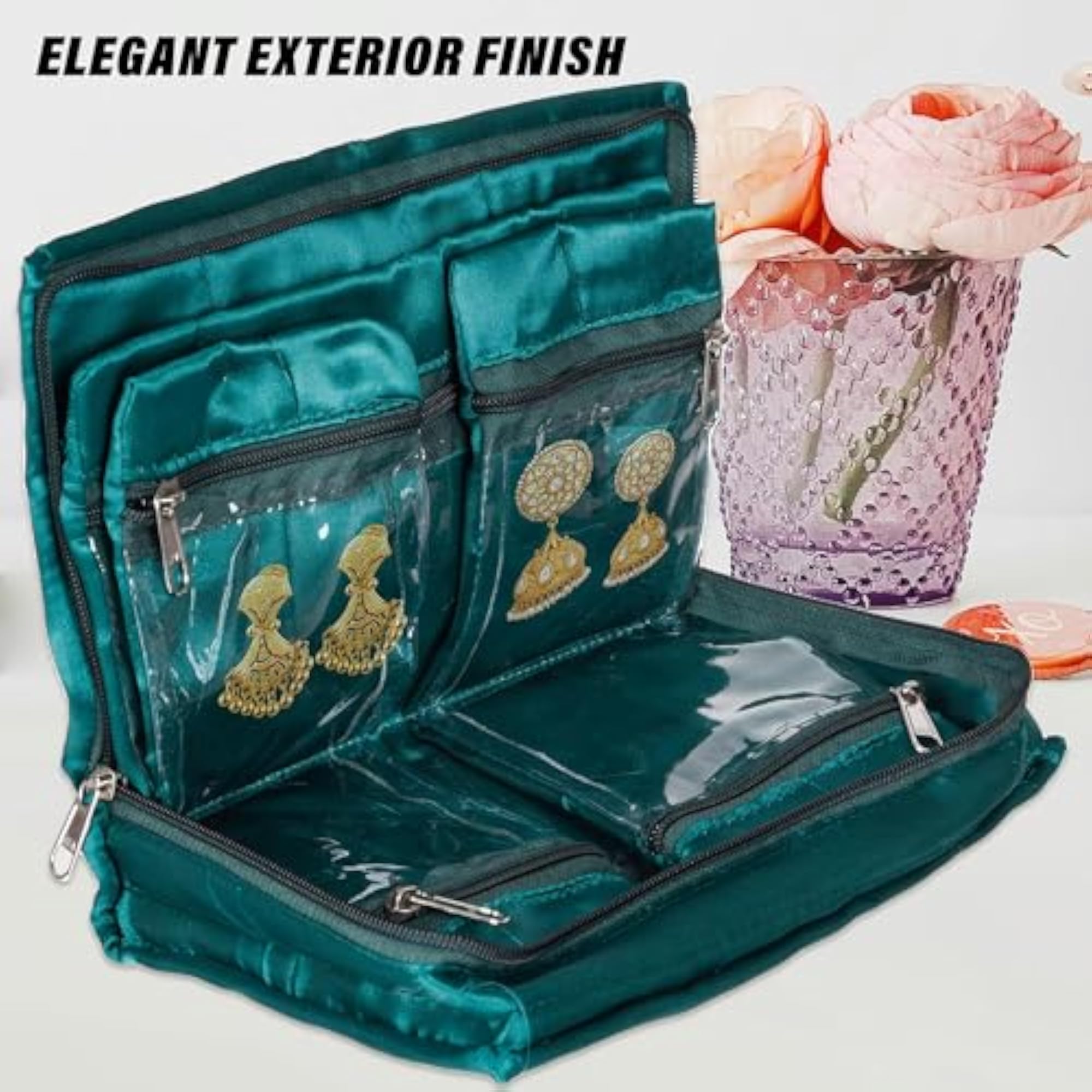 Jewellery Box with 6 Flappable Pouches, Satin Cosmetic Bag