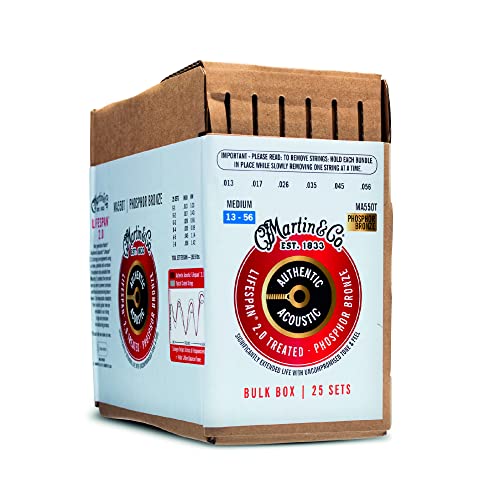 Martin Authentic Acoustic® Lifespan® 2.0 Guitar Strings – Phosphor Bronze, Medium Gauge, Bulk Box (25 Sets) | Bulk Box for Acoustic Guitar Players, Techs & Repair Shops