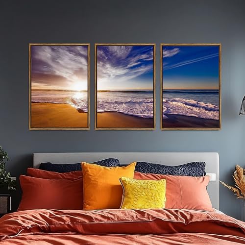 Timeless Artworks 3 Panels Framed Seaside Canvas Wall Art Sunset