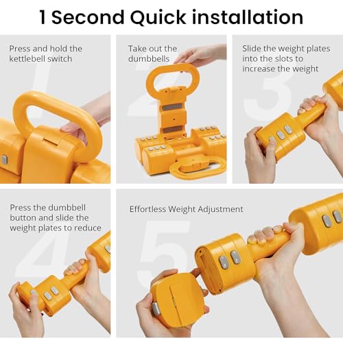 RYGEO Adjustable Dumbbell Set Designed For Women, Each weighs 5.58 lbs, Or Kettlebell Set 12lbs MAX, Change Free Weights for Home Gym, Pilates & Full Body Workout(Orange) by RYGEO - Used condition - Image 7