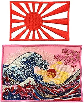 A-ONE 2 PCS Pack- Great Wave Off Kanagawa with Sakura+Japan Navy Flag, Katsushika Hokusai Ukiyoe Patches, Iron on/Sew on Applique Badges, Decorative Accessories, DIY Emblem Patches NO.365F