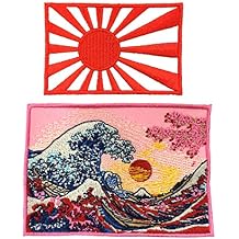 A-ONE 2 PCS Pack- Great Wave Off Kanagawa with Sakura+Japan Navy Flag, Katsushika Hokusai Ukiyoe Patches, Iron on/Sew on Applique Badges, Decorative Accessories, DIY Emblem Patches NO.365F