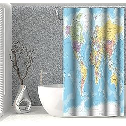 Cortina De Baño Mapa Del Mundo SDOTPMT 90x183cm Mundo Mapa Cortina de la Ducha Países Ciudades Geografía Educativo Cortina de baño Azul Océano continentes Cortina de bañera Tela Impermeable para Baño con Ganchos