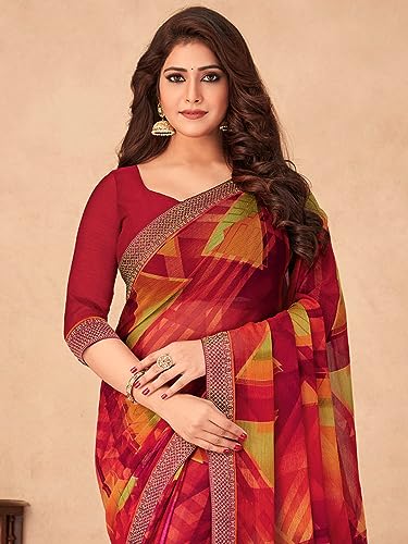 Image of AKHILAM Women's Chiffon Black Embellished Designer Saree With Blouse Piece