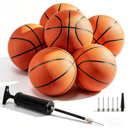 SIKEMAY 6 Pack Bulk Basketballs Official Size 7 Outdoor Indoor for Men Adults 29.5 Inflatable Basketballs Teens Rubber Street Ball with Pump & Needles Set for Basketball Games Training Competition