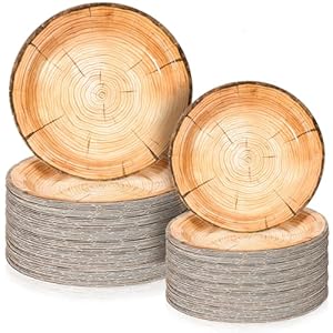 Tioncy 150 Pieces 100 Pieces Wood Grain Paper Plates 7 9 Rustic Wood Slice Plate Farmhouse Round Disposable Dinner dish for Woodland Baby Shower Lumberjack Birthday Party Supplies