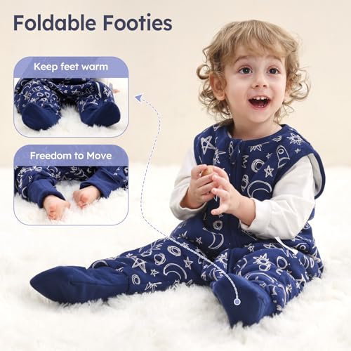 Unnivoll Baby Schlafsack mit Füßen 1,5 Tog 2er Pack Schlafsack Baby Baumwolle Ganzjahre Schlafsack mit Beinen Babyschlafsack Weich 80 cm für Jungen Mädchen Blauer Raum