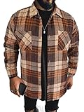 PLEPAN Men's Flannel Shirts Long Sleeve Cotton Plaid Casual Button-Down Shirt with Pockets, Khaki/Orange Plaid, M