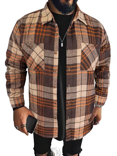 PLEPAN Mens Flannel Shirts Long Sleeve Regular Fit Lightweight Plaid Button Down Casual Shirt with Pockets
