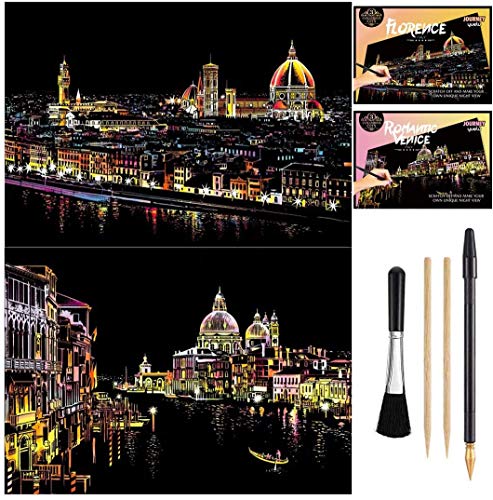 Wbeng Scratch Paper Rainbow Painting Sketch Pads DIY Art Craft Night View Scratchboard para adultos e crianças - 2 embalagens, 16 x 11,2 polegadas (Florença / Veneza)
