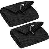 VIVIDLY 2 Pack 16' x 24' Tri-fold Golf Towels, Premium Microfiber Fabric Waffle Pattern with Black Heavy Duty Carabiner Clip, Golf Towels for Golf Bags for Men (Black)