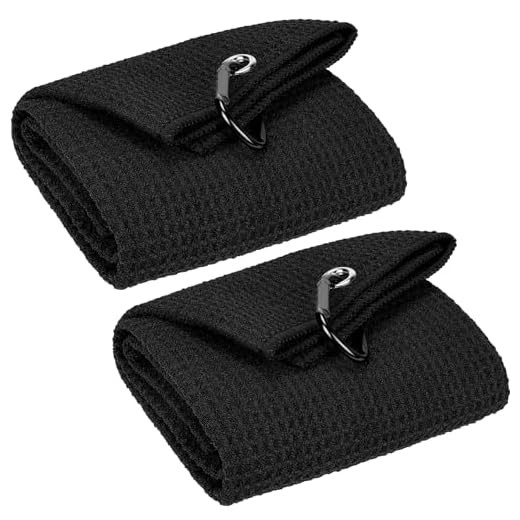 VIVIDLY 2 Pack 16" x 24" Tri-fold Golf Towels, Premium Microfiber Fabric Waffle Pattern with Black Heavy Duty Carabiner Clip, Black Golf Towels for Golf Bags for Men (Black)