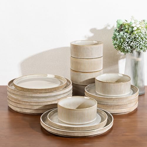 Image of GBHOME Stoneware Dinnerware Sets for 8,Round Reactive Glaze Ceramic Plates and Bowls Set,Highly Scratch Resistant| Dishwasher & Microwave Safe Dishes Set,Service for 8(24pc)，Cappuccino