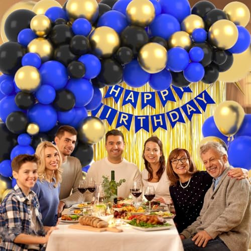 Image of Blue Black Gold Balloon Garland Arch Kit - Royal Blue and Black Black Gold Balloons for Men 30th 40th Video Game Birthday Wedding Retirement Graduation New Year Party Decorations