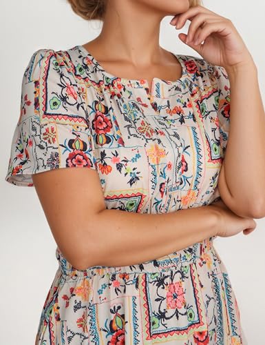 Image of Women's Summer Boho Maxi Dresses Floral V Neck Tiered Short Sleeve Long Dress Flowy Beach Vacation Dress with Pockets