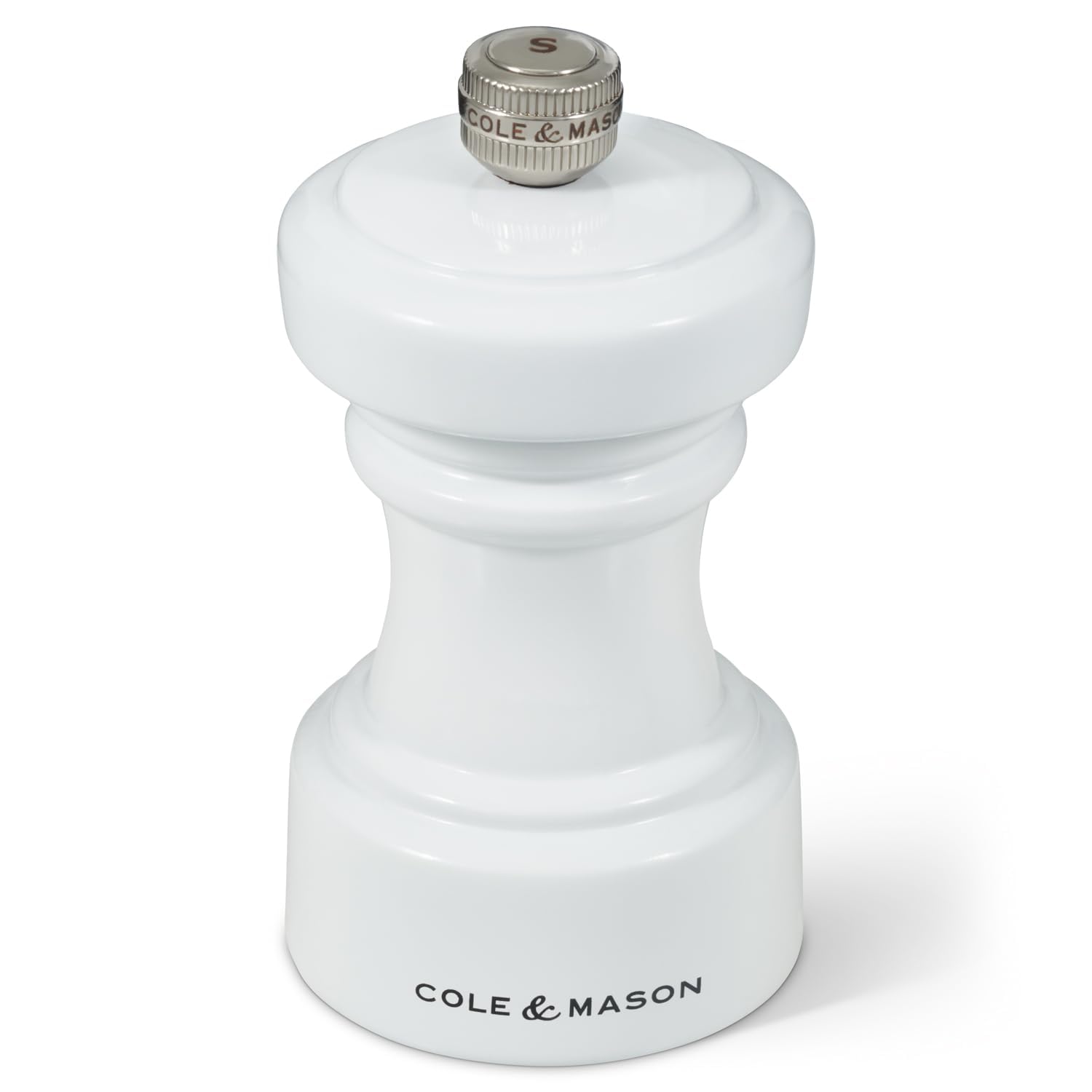 Cole & Mason H233063 Hoxton Blanco Brillo Molinillo de Sal, Precision+/Molienda Ajustable, Madera de Haya, 104mm, Incluye 1 x Molino, Garanzia del Meccanismo a Vita