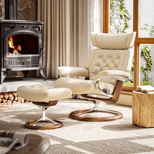 OTDMEL Swivel Recliner with Ottoman Adjustable Back Genuine Leather Ergonomic Lounge Chair w/Footrest for Living Room, Bedroom, Office (Leather, White)