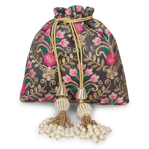Image of LONGING TO BUY Indian Embroidered Pearl Potli Bag For Women, Sequence Design with Tassel, Wedding Potli Bags
