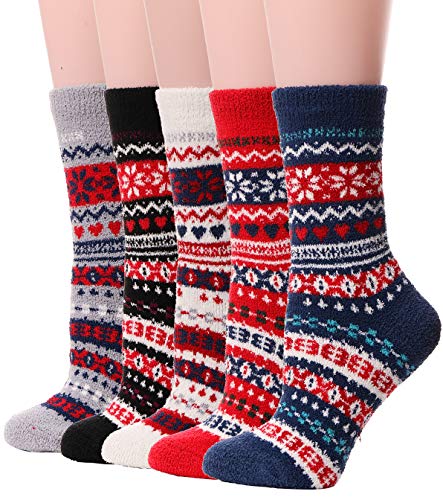 Womens Girls Fuzzy Socks Slipper Socks Soft Cabin Warm Cute Cozy Fluffy Stocking Stuffers Winter Christmas Slipper Socks?Snowflake(5 Pairs)?