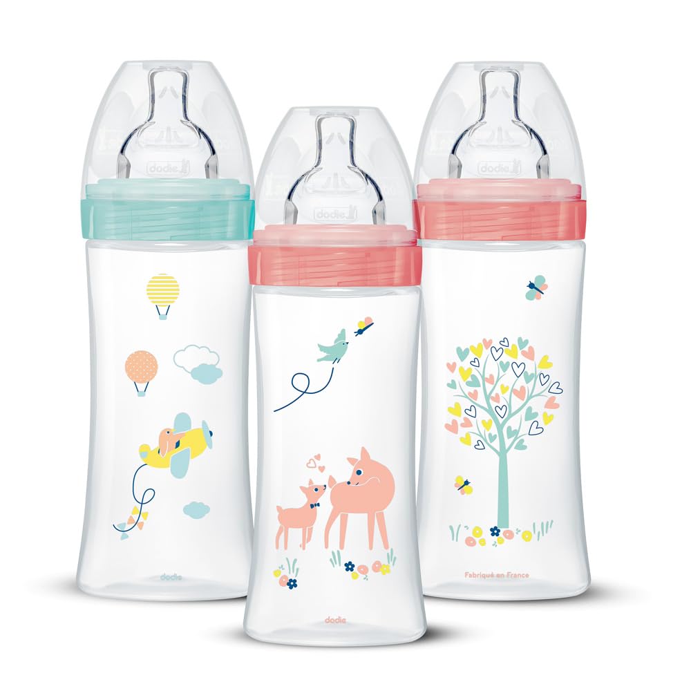 Dodie Girls Sensation Plus Anti-Colic Baby Bottles, Girl, 330 ml, +6 Months, Flat Teat 3, Flow 3, Pastel Pink, 3 Count (Pack of 1)