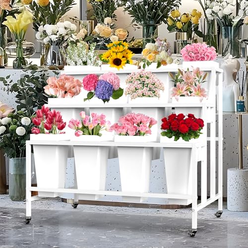 VGMiu Flower Display Stand with 12 Buckets, Flower Cart 3 Layers White Metal Flower Bar Stand with Wheels, Moving Florist Bouquet Shelf for Weddings Florist Indoor Outdoor Patio Garden Living Room by VGMiu - Image 7