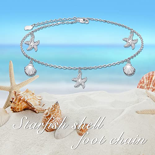 Flyow Starfish Shell Anklet 925 Sterling Silver For Women Girls Adjustable Seaside Ankle Bracelet Boho Beach Foot Chain 9+1 Inch Charm Jewelry Best Birthday Gifts #TOP4