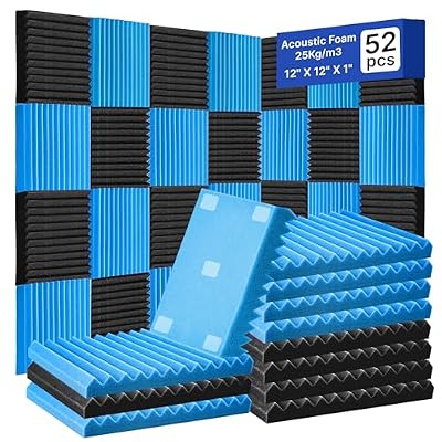 TDHLYJHF 52 Pack Acoustic Foam Panels 1" x 12" x 12"Acoustic Wedge Studio Foam Sound Absorption Wall Panels (Black/Blue)