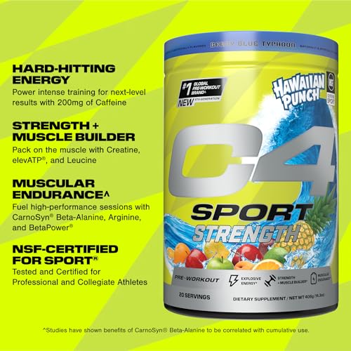 Image of Cellucor C4 Sport Strength Pre Workout Powder - NSF Certified for Sport - Beta-Alanine, Creatine, 200mg Caffeine - Sugar Free Energy Supplement for Men & Women - Hawaiian Punch Berry Blue, 20 Servings